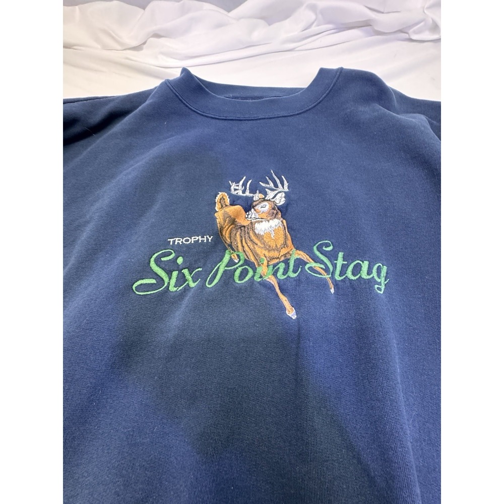 Vintage Headwaters Trophy‎ Six Point Stag Embroidered Sweatshirt Navy Blue XL